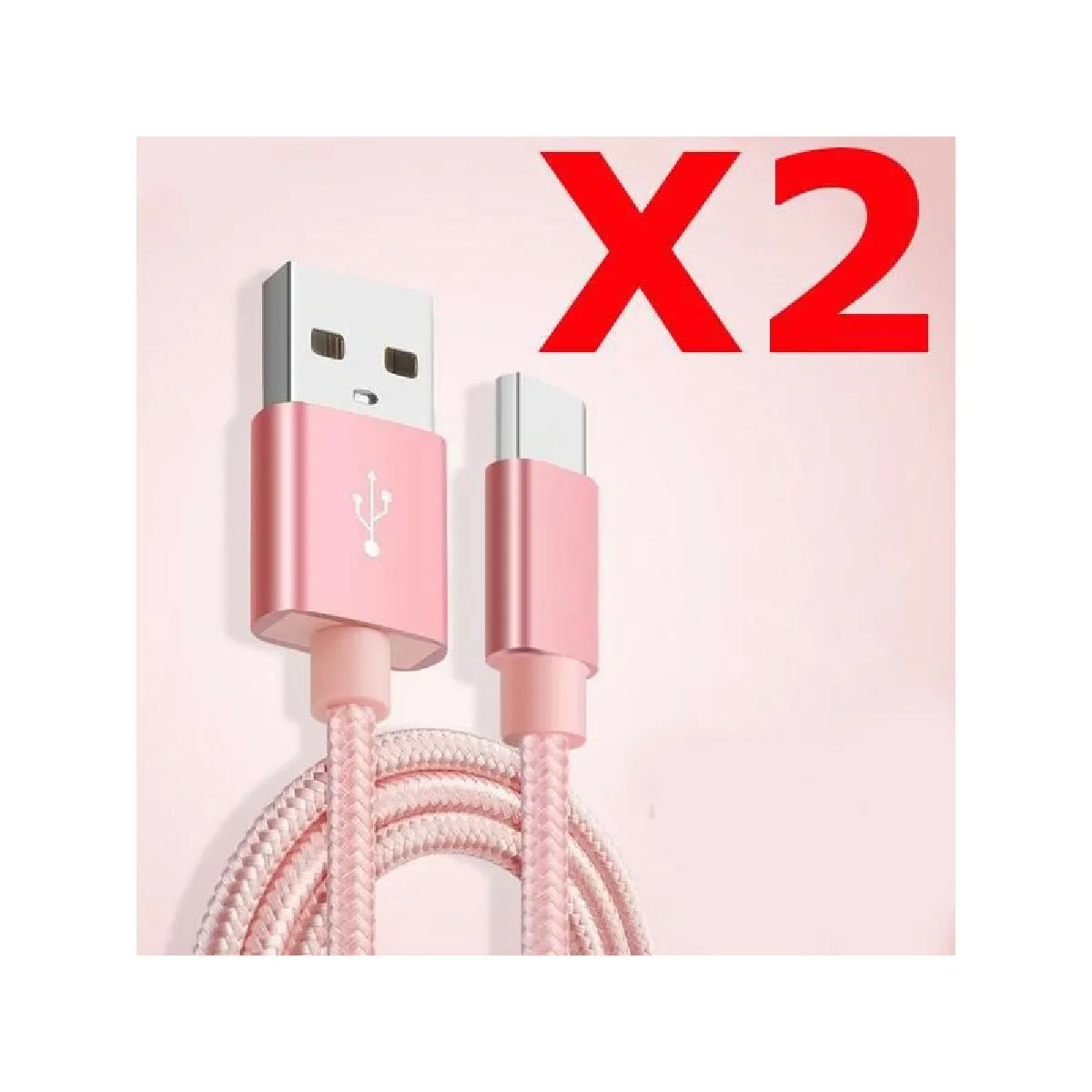 X2 Câble Metal Nylon Renforcé Chargeur USB Type C 1,5m Tréssé Couleur Rose Compatible Samsung LG Sony Wiko Blackberry Motorola