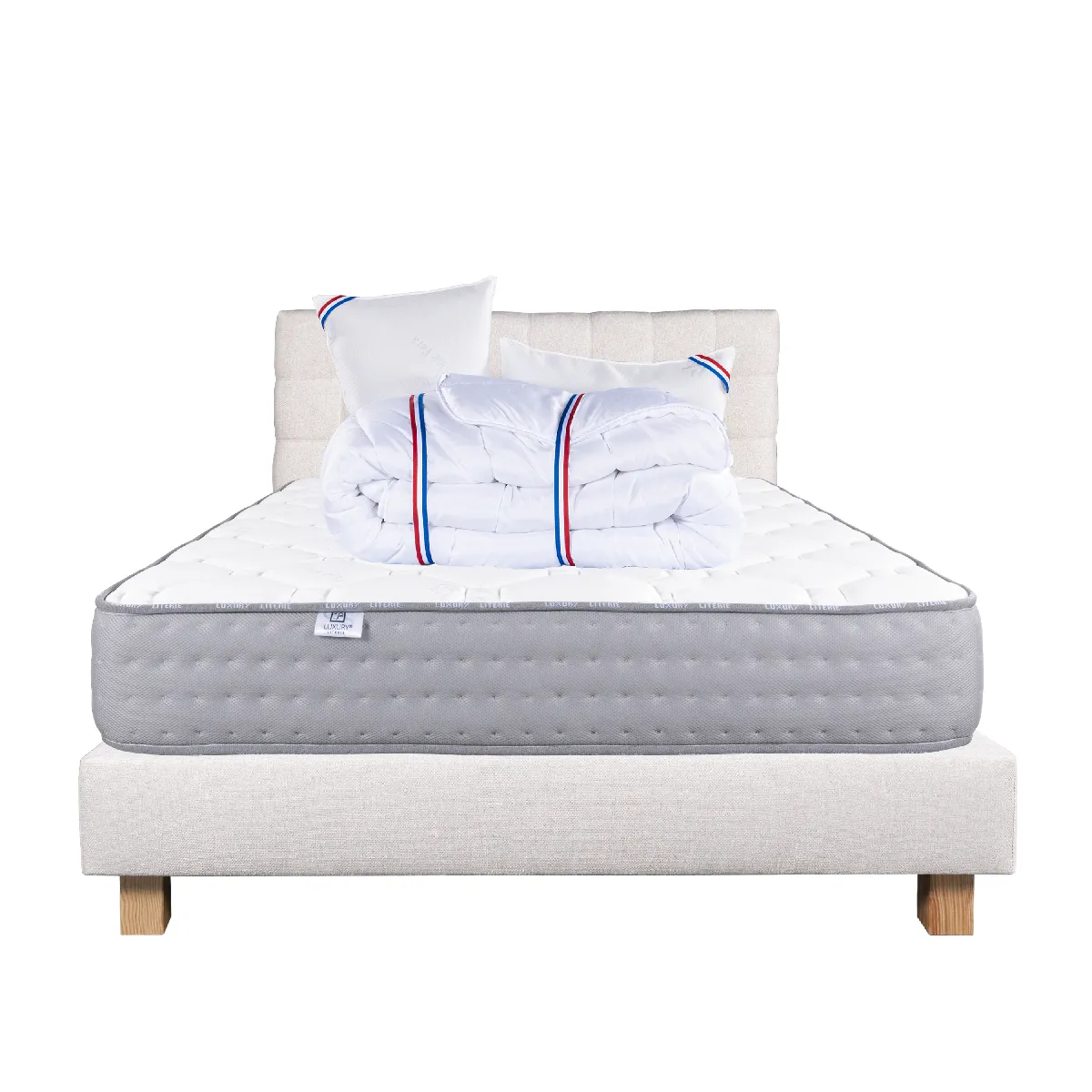 Ensemble matelas zen 160x200 cm + sommier beige ep20cm + 2 oreillers + couette + Tête de Lit