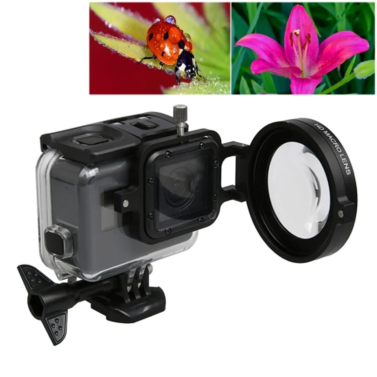 Filtre pour GoPro HERO5 Sport Caméra d'Action Professionnel 58mm 16X Macro Objectif Close-up avec Base de l'objectif et Adaptateur Anneau Lens Capuchon de Protection & Anti-perte de Sangle de Main & Chiffon de Nettoyage