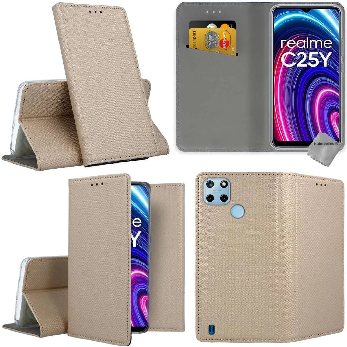 Housse etui portefeuille avec coque intérieure en silicone pour Realme C21-Y / C25Y + film ecran - OR MAGNET