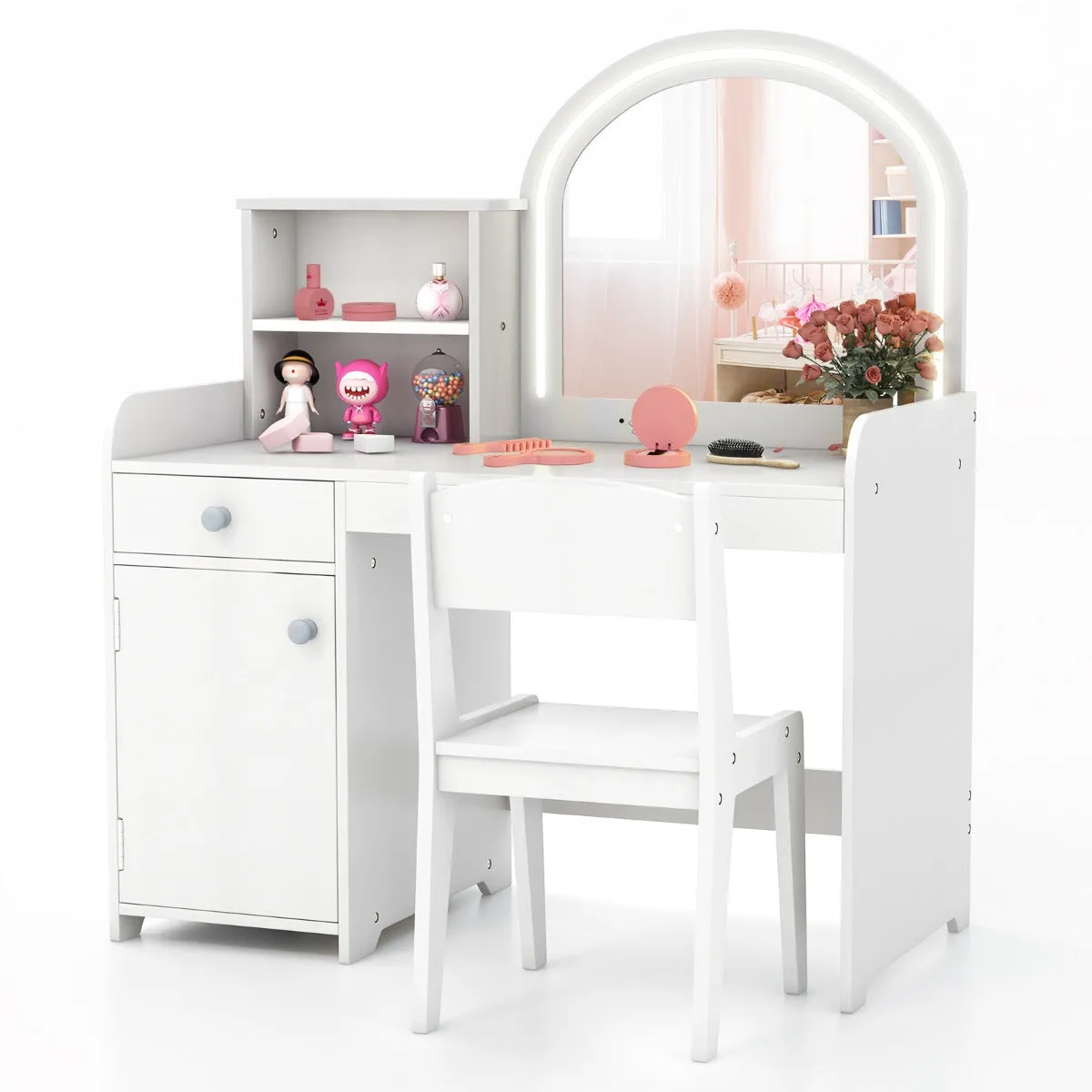 Coiffeuse et tabouret pour enfants avec miroir et 120 lumières led bureau enfants avec chaise 2 étagères et tiroir blanc 20_0008334