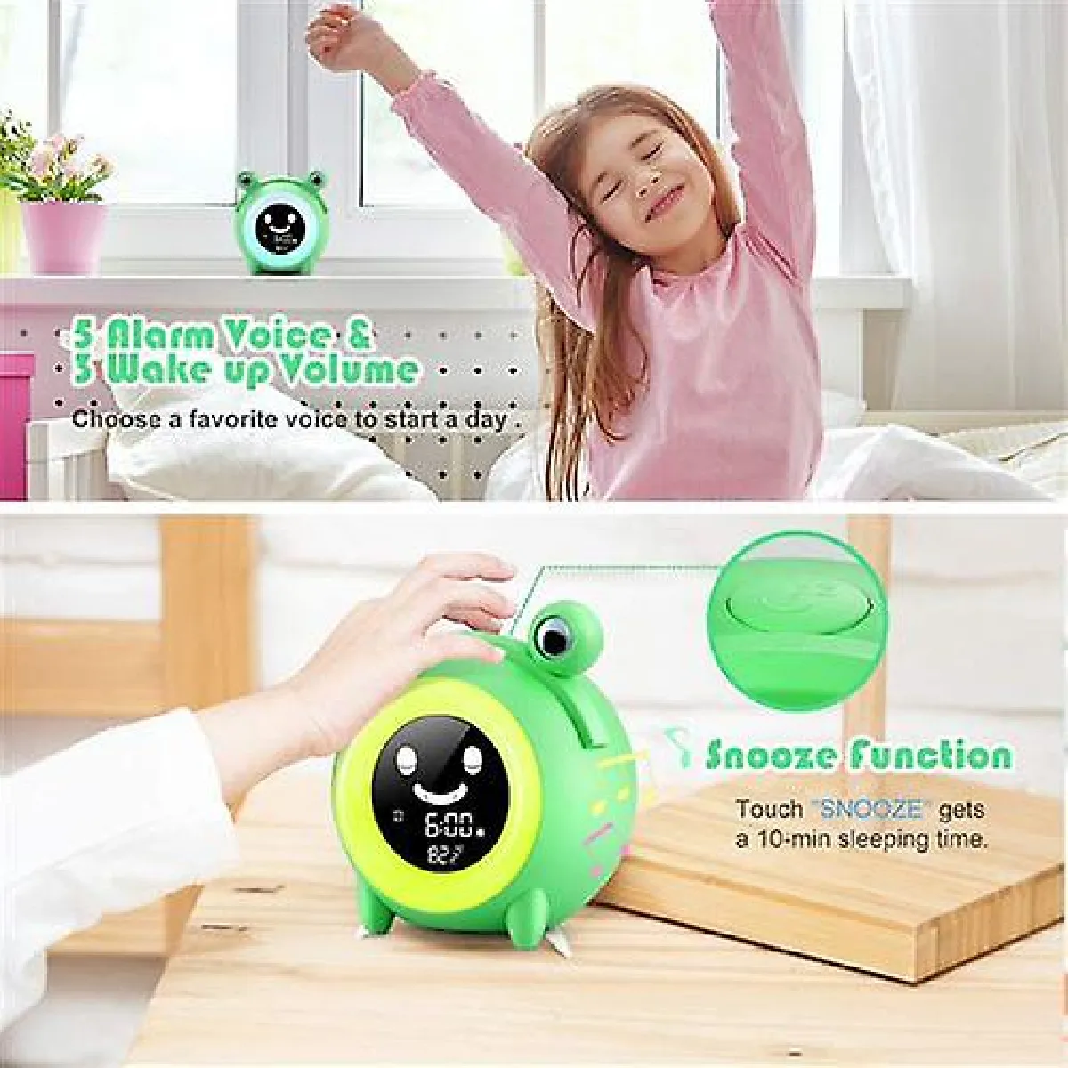 Réveil enfant veilleuse bébé 5 couleurs haut-parleur luminosité réglable affichage du temps et température interne, vert