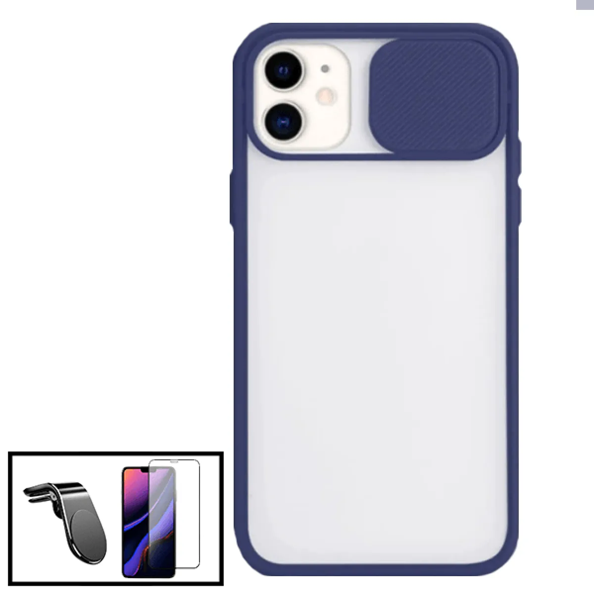 Kit Coque avec fenetre Anti-Choc mat + Film de Verre Trempé 5D à Couverture Complète + Support Magnétique L Conduite en Toute Sécurité pour iPhone SE 2020 - Bleu foncé