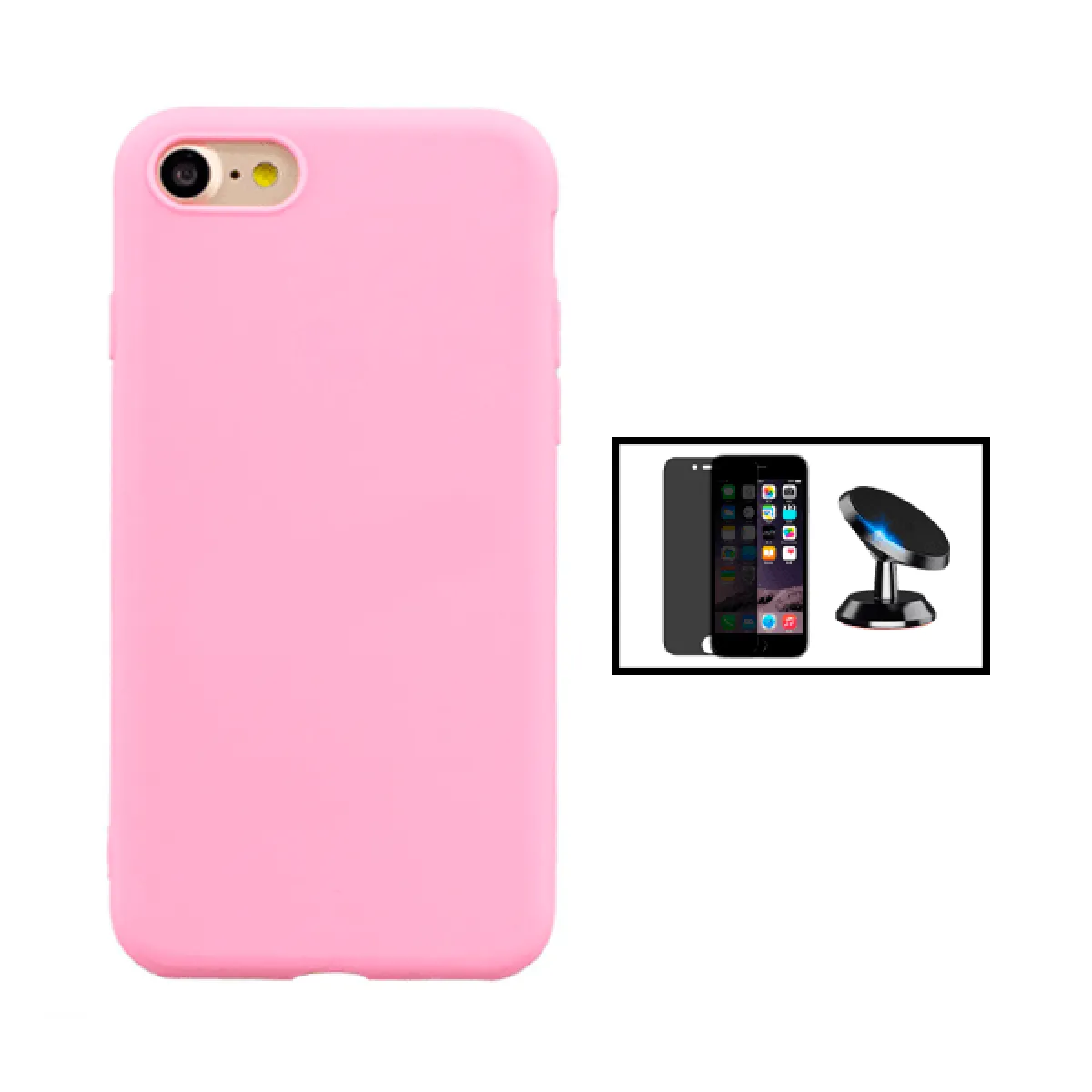 Kit Film Verre Trempé 5D Anti-Spy + Coque Silicone Liquide + Support Magnétique de Voiture pour iPhone SE 2022 - Rose