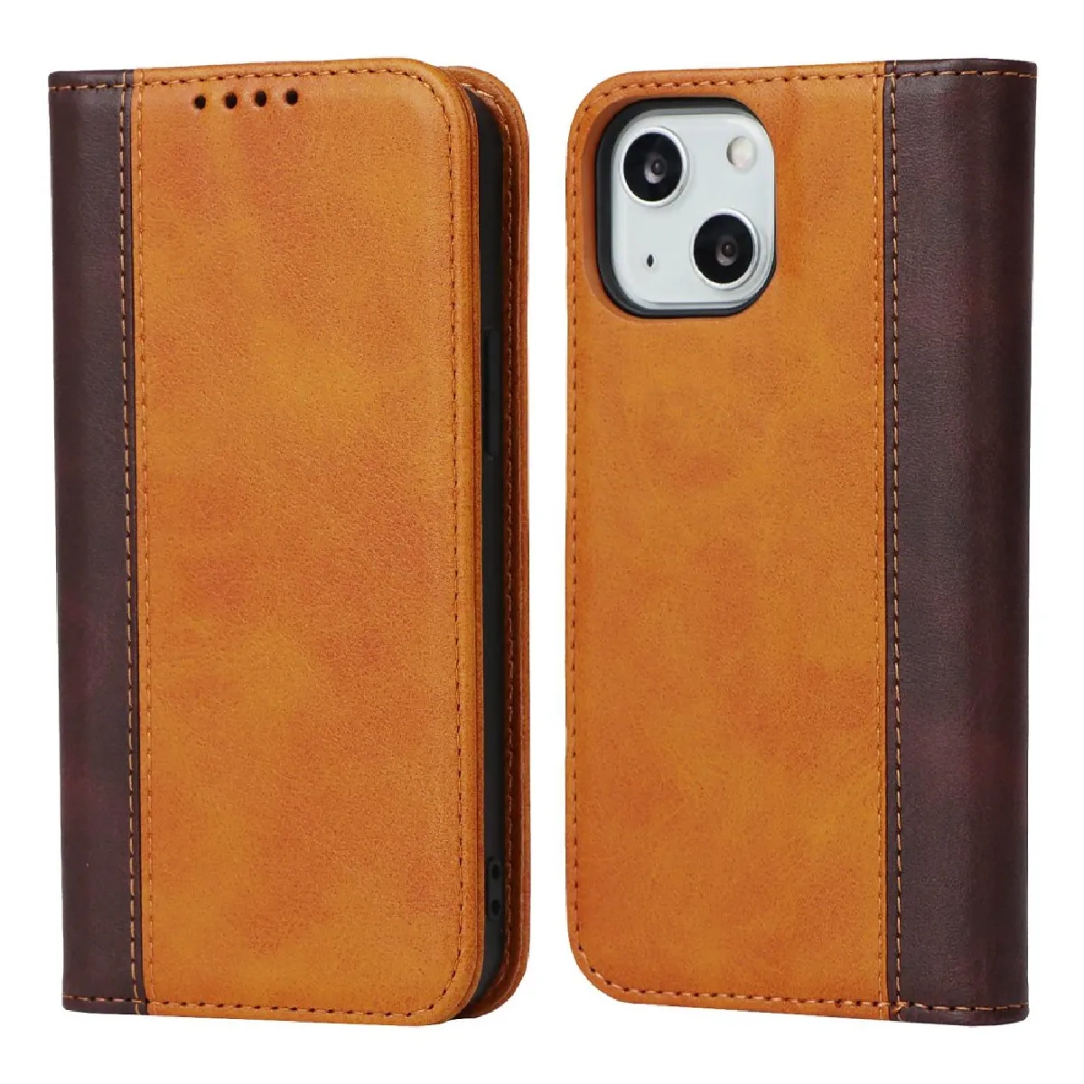 Etui en PU épissage bicolore, auto-absorbé magnétiquement, texture du mollet, anti-chutte avec support pour votre iPhone 14 - Jaune marron