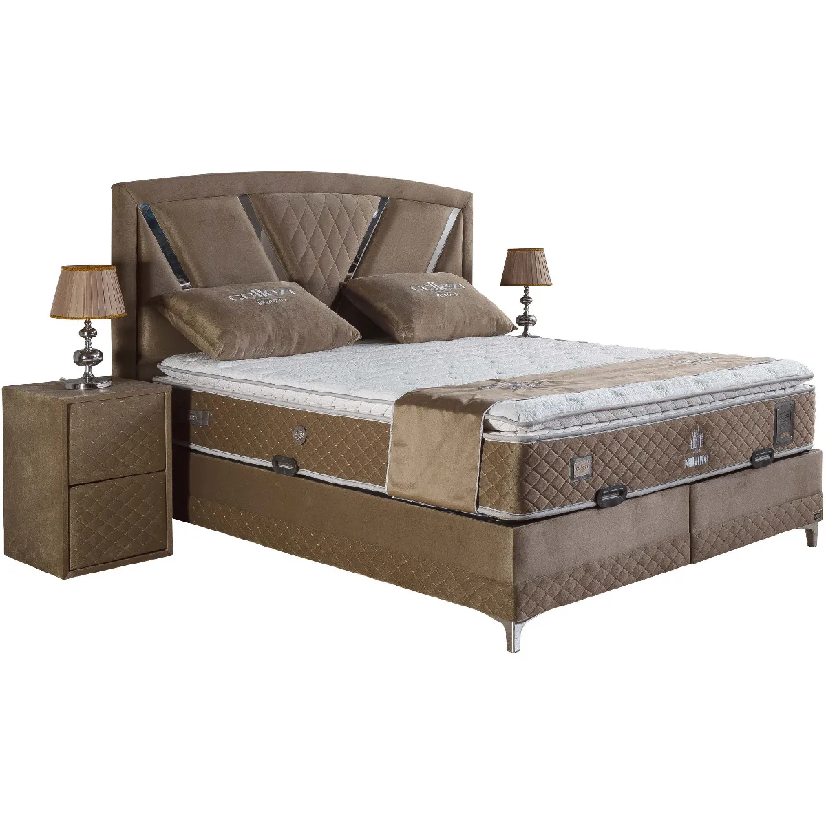 Ensemble de lit coffre 180x200 en velours taupe avec un matelas à ressorts ensachés 7 zones de confort de la collection MILANO