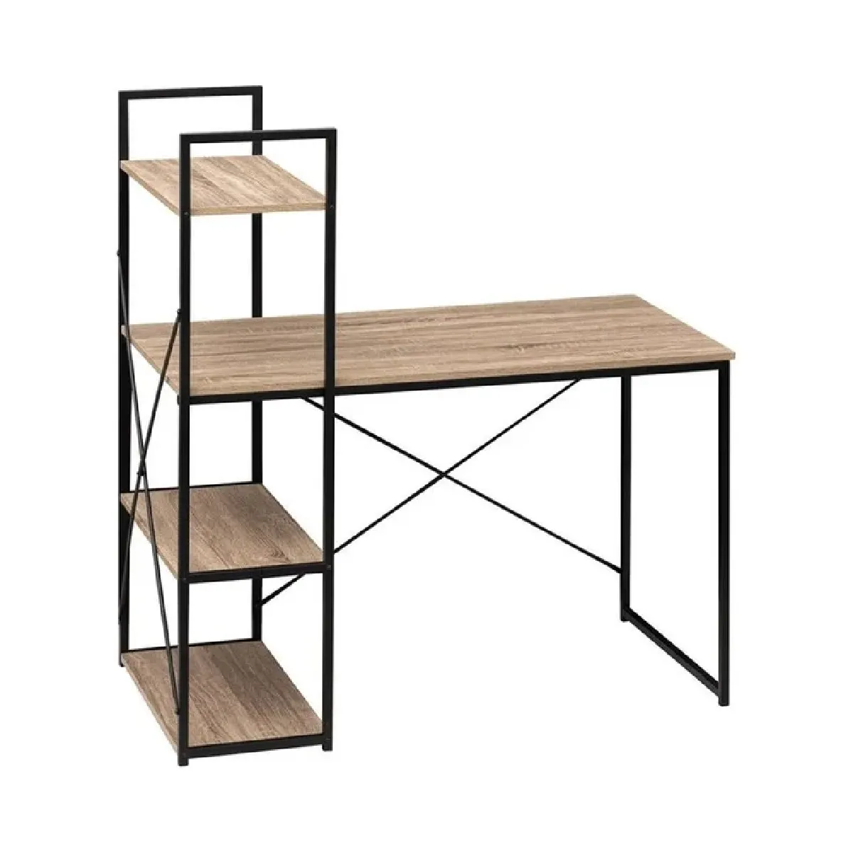 Bureau avec étagères en MDF chêne et métal noir - Longueur 113 x Hauteur 60 x Profondeur 120 cm