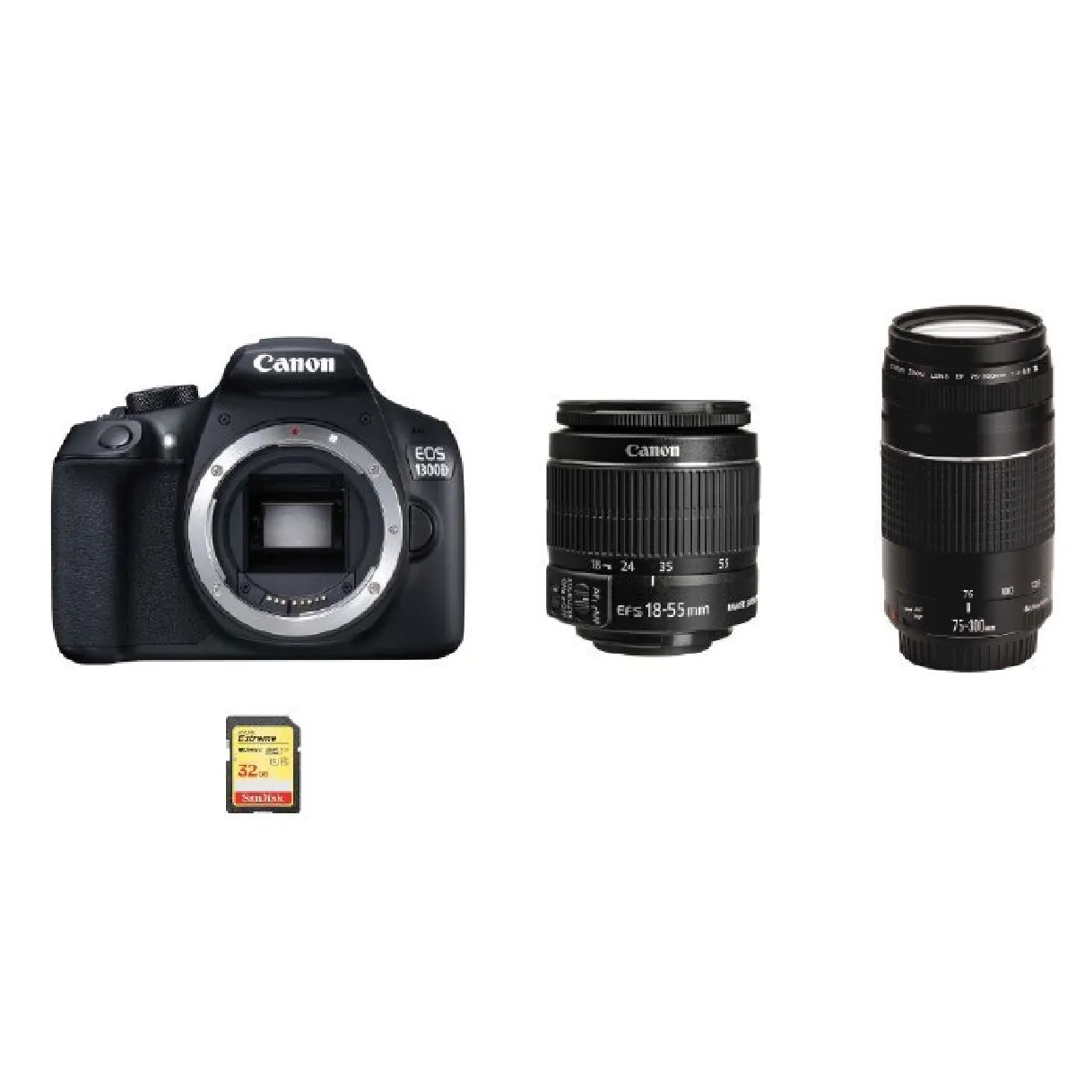 CANON EOS 1300D KIT EF-S 18-55mm F3.5-5.6 IS II + EF 75-300mm F4-5.6 III + 32G SD card