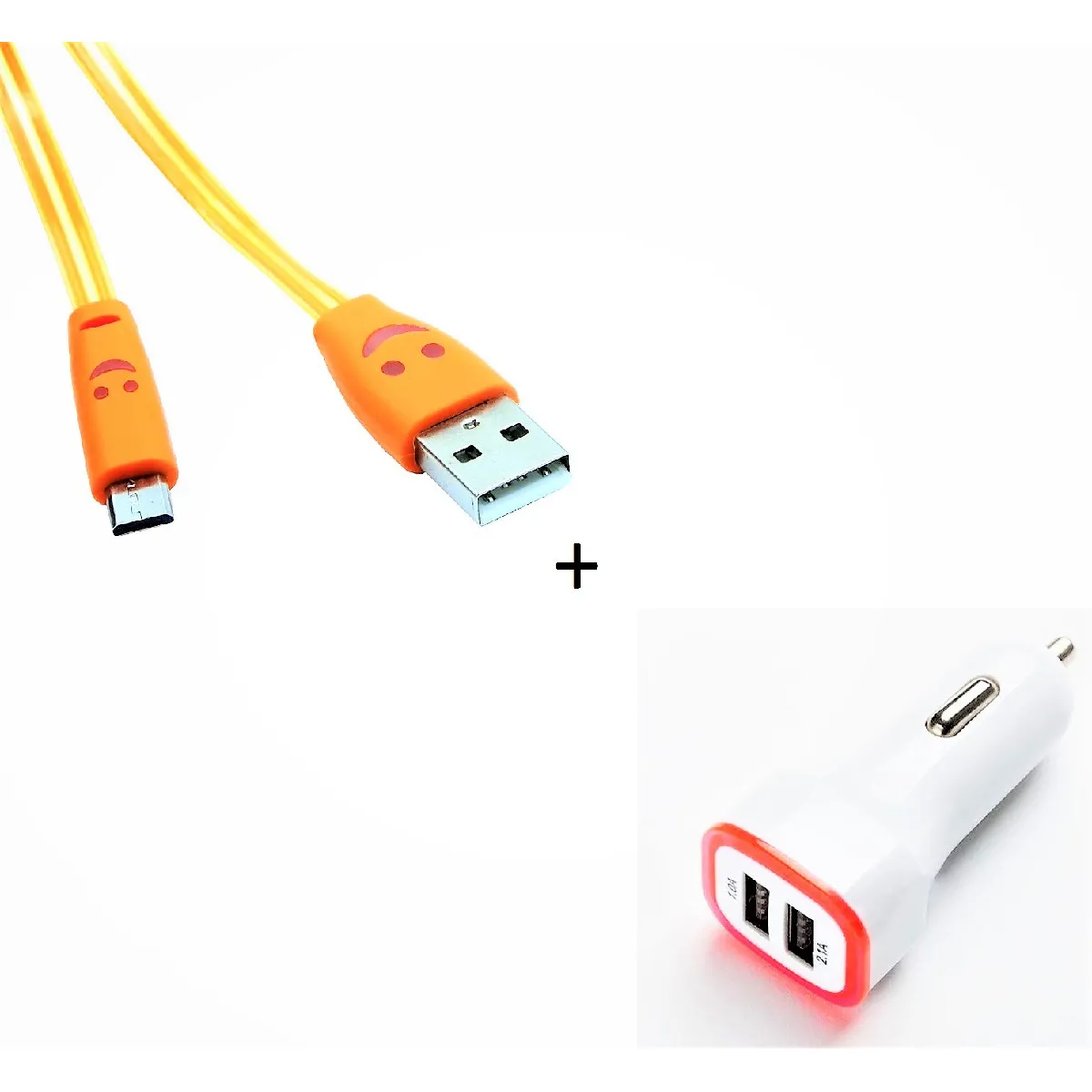 Pack Chargeur Voiture pour IPHONE 8 PLUS Lightning (Cable Smiley + Double Adaptateur LED Allume Cigare) APPLE (ORANGE)