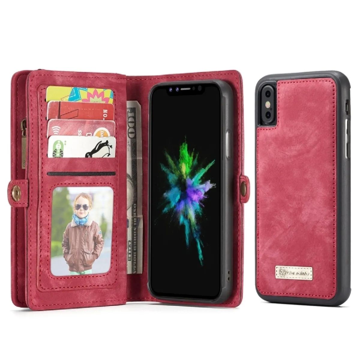 Coque rouge pour iPhone X TPU + PC Absorption magnétique détachable couverture arrière horizontale Flip étui en cuir avec porte-cartes & Slots & Zipper Wallet et cadre photo CaseMe-008