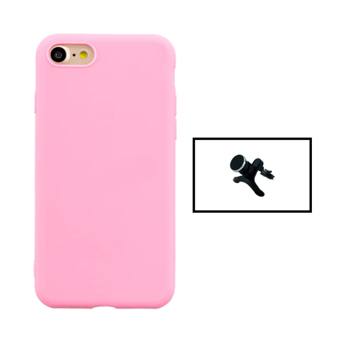 Kit Support Magnétique Renforcé de Voiture + Coque Silicone Liquide pour iPhone SE 2022 - Rose