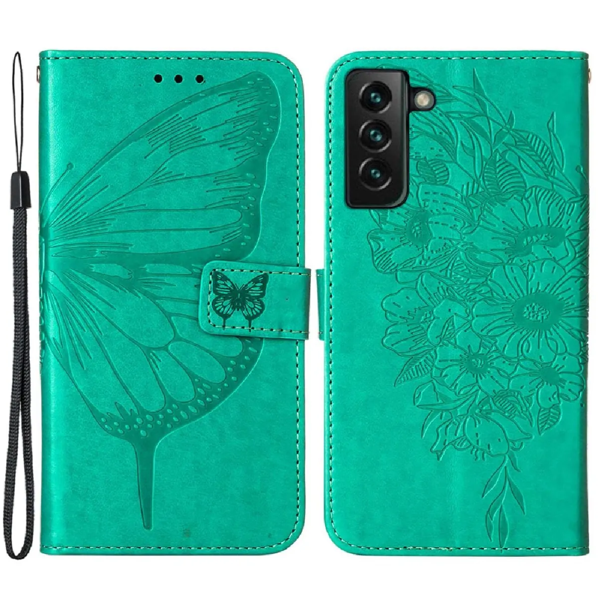 Etui en PU motif de papillons et de fleurs, anti-chutte avec support et sangle pour votre Samsung Galaxy S23 Plus - vert