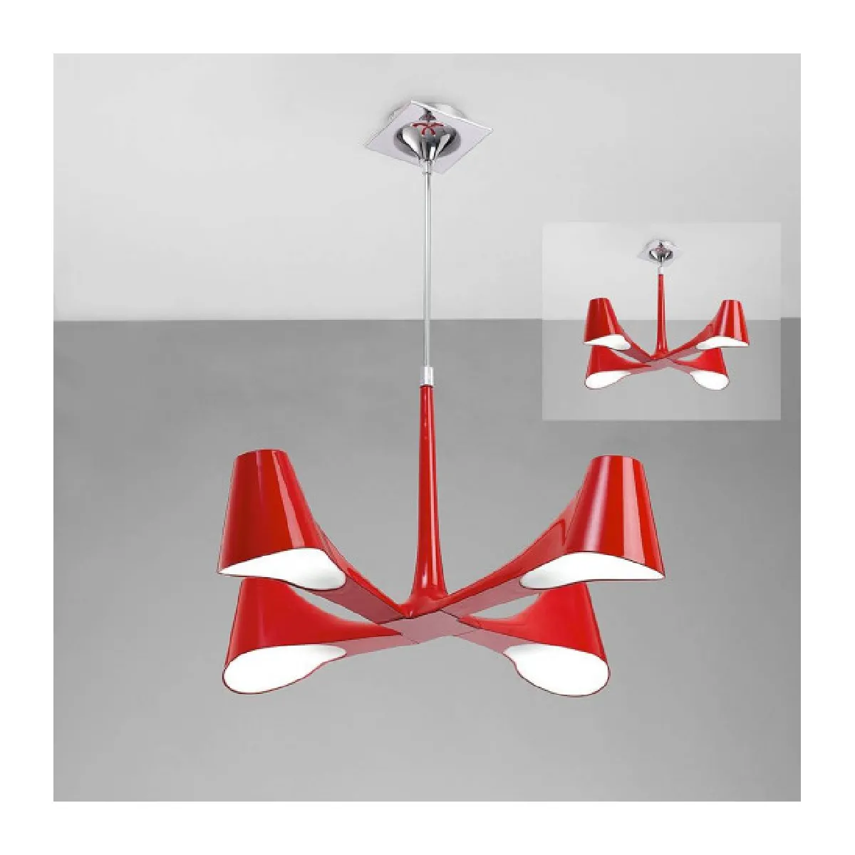 Semi Plafonnier Ora Convertible télescopique 4 Ampoules E27, rouge brillant/arylique blanc/chrome poli