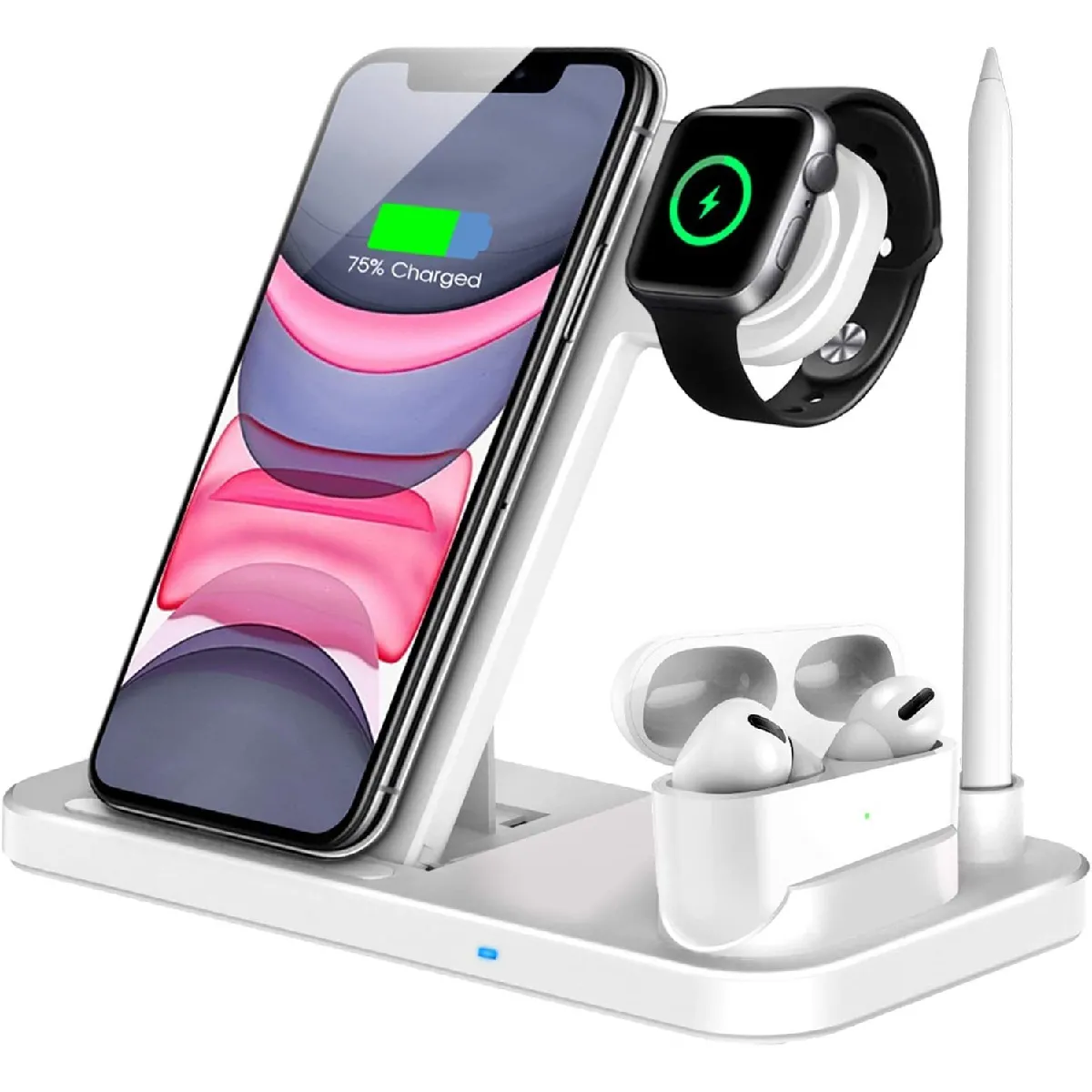 Chargeur sans fil, station de charge rapide certifiée Qi 4 en 1 compatible Apple Watch Airpods Pro iPhone 12/11/11pro/X/XS/XR/Xs Max/8/8 Plus, support de charge sans fil compatible Samsung Galaxy S20,(blanc)