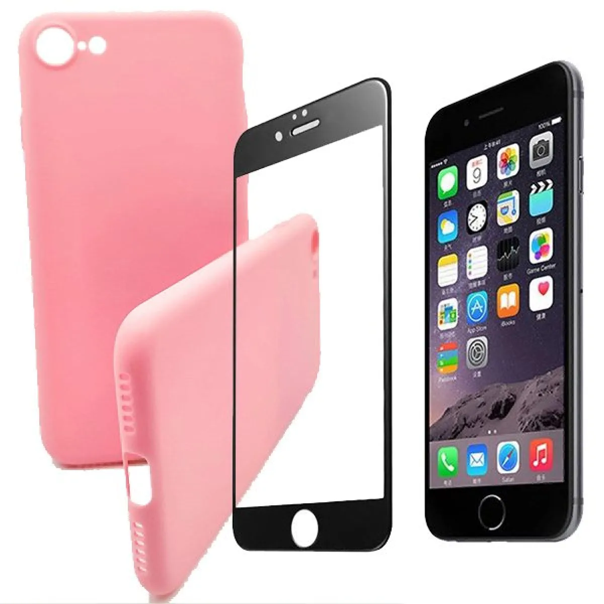 Kit de Verre Trempé 5D Full Cover + Coque Silicone Liquide Rose - Iphone 7 / 8