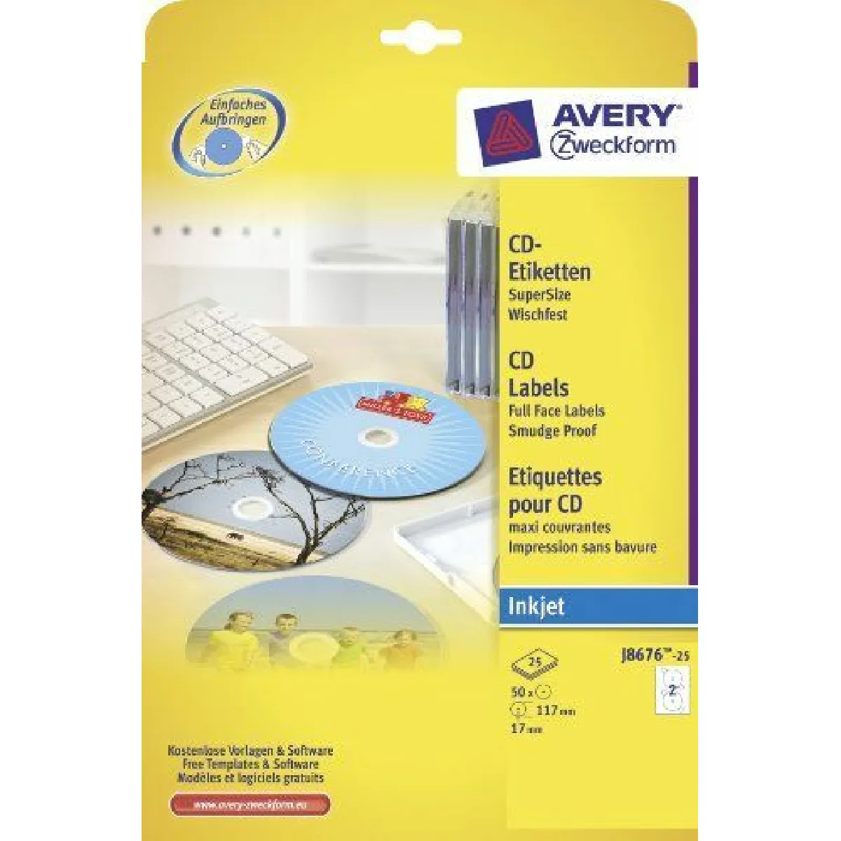 Avery Zweckform J8676-25 Paquet de 25 feuilles d'étiquettes à CD SuperSize 2880 dpi à séchage rapide Ø 117 mm (Import Allemagne)