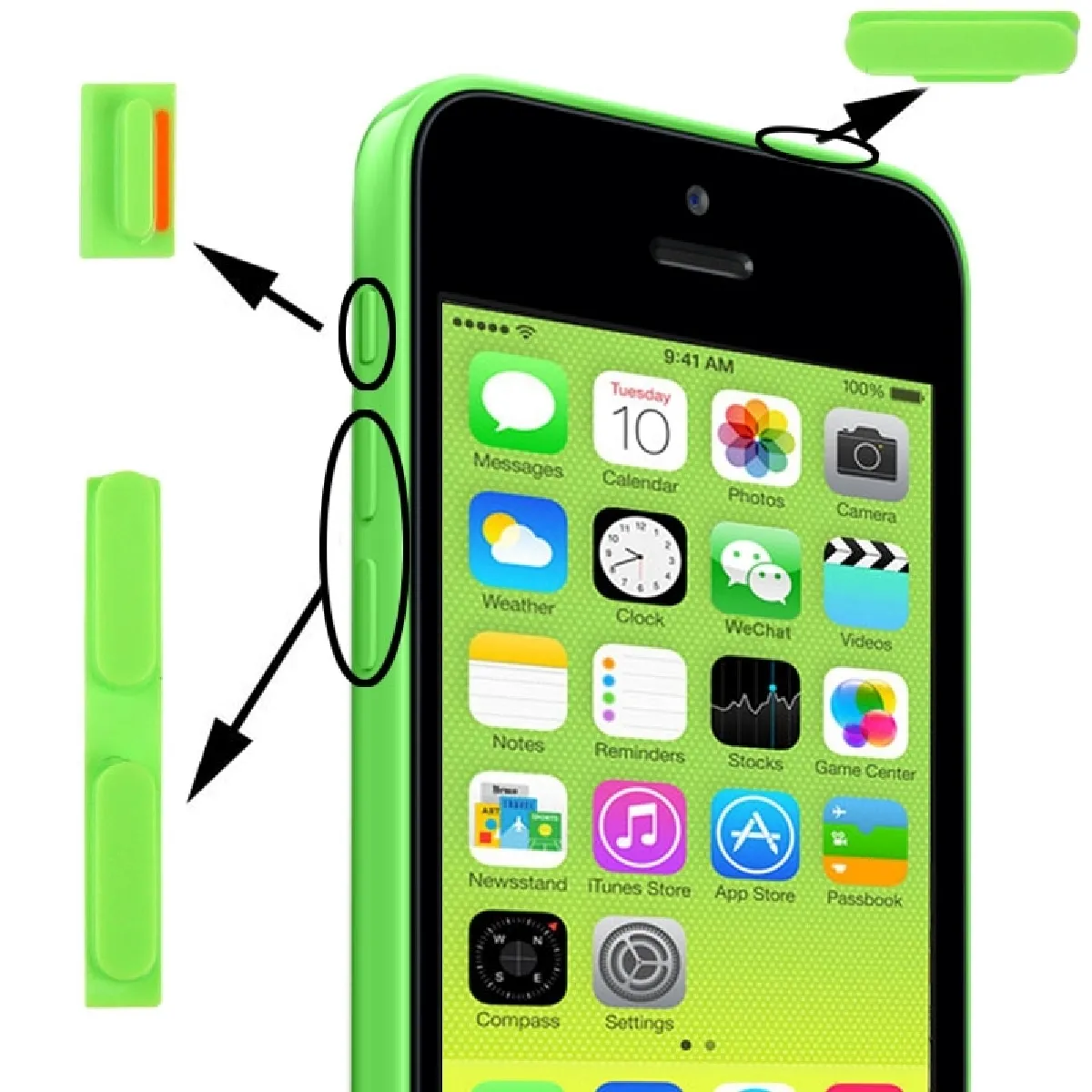 Kit de boutons pour iPhone 5C vert 5C, 3 en 1 bouton muet + d'alimentation + de volume