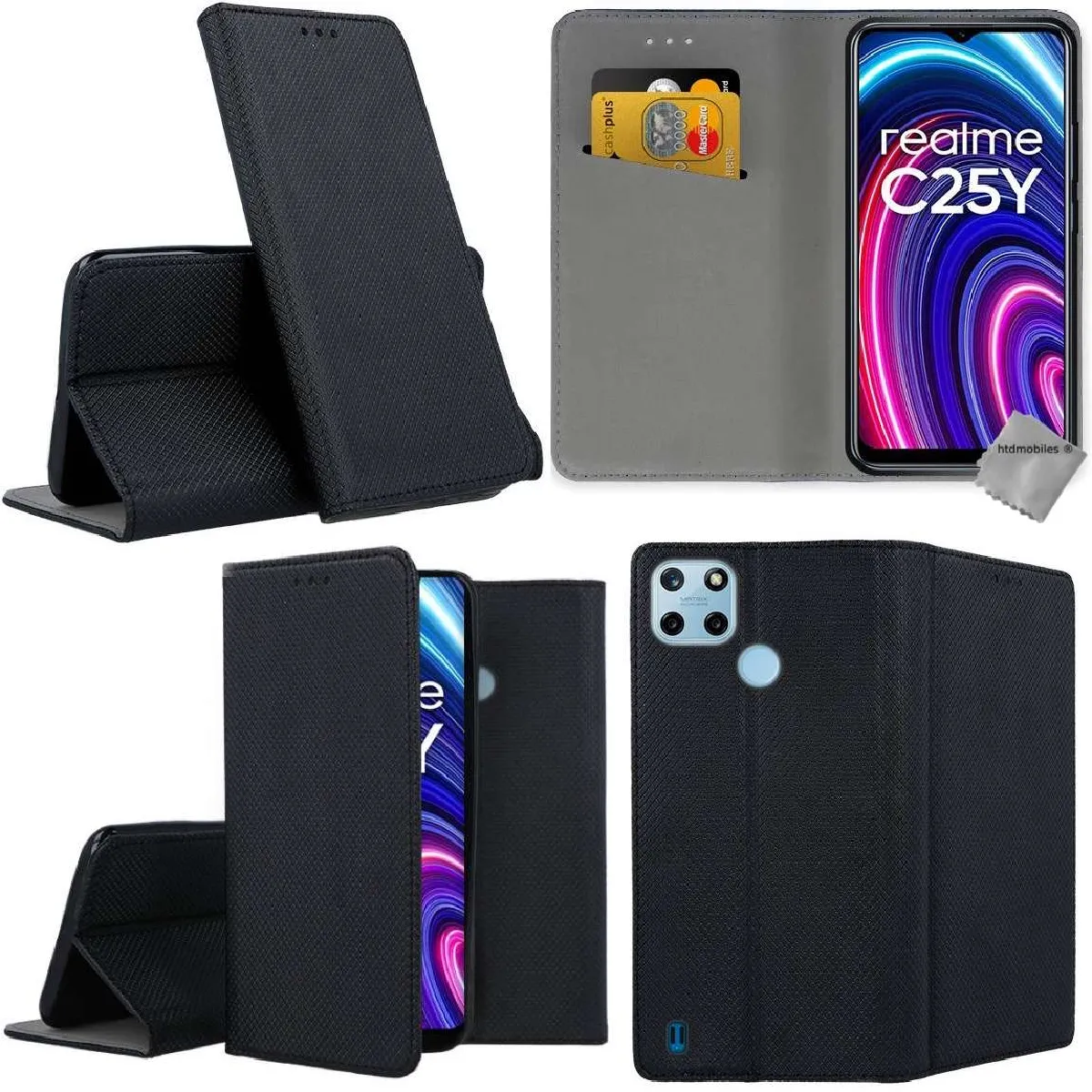 Housse etui portefeuille avec coque intérieure en silicone pour Realme C21-Y / C25Y + verre trempe - NOIR MAGNET