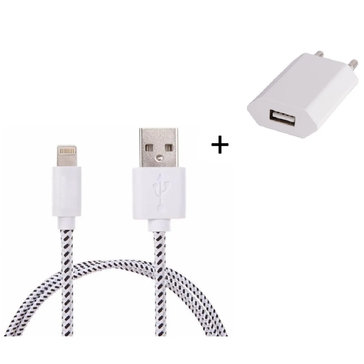 Pack Chargeur pour Airpods Lightning (Cable Tresse 3m Chargeur + Prise Secteur USB) Murale Android Universel (BLANC)