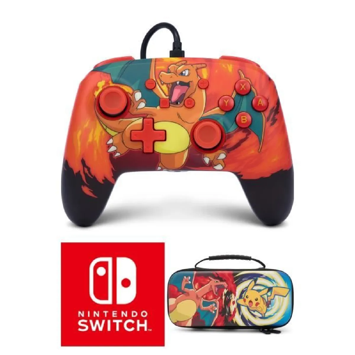 Manette SWITCH Filaire Nintendo Pokémon Charizard Vortex Officielle + Sacoche Switch Pokemon - Pikachu vs. Dracaufeu