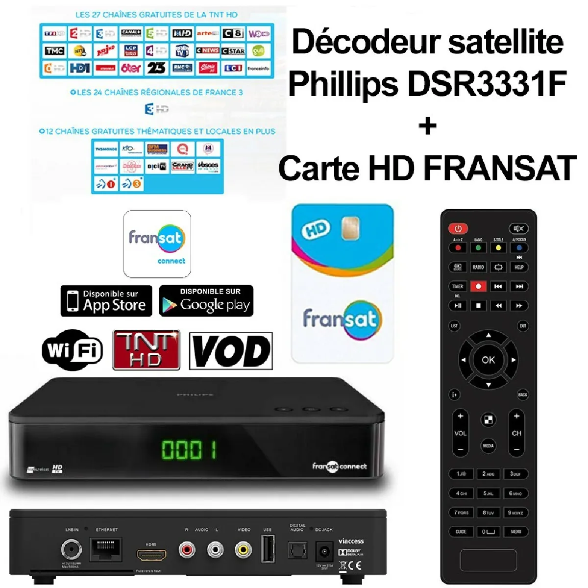 Récepteur Décodeur TV satellite DSR3331F Connect TNT HD DVB-S2 STB, VOD, WIFI intégré - Noir + carte abonnement HD FRANSAT