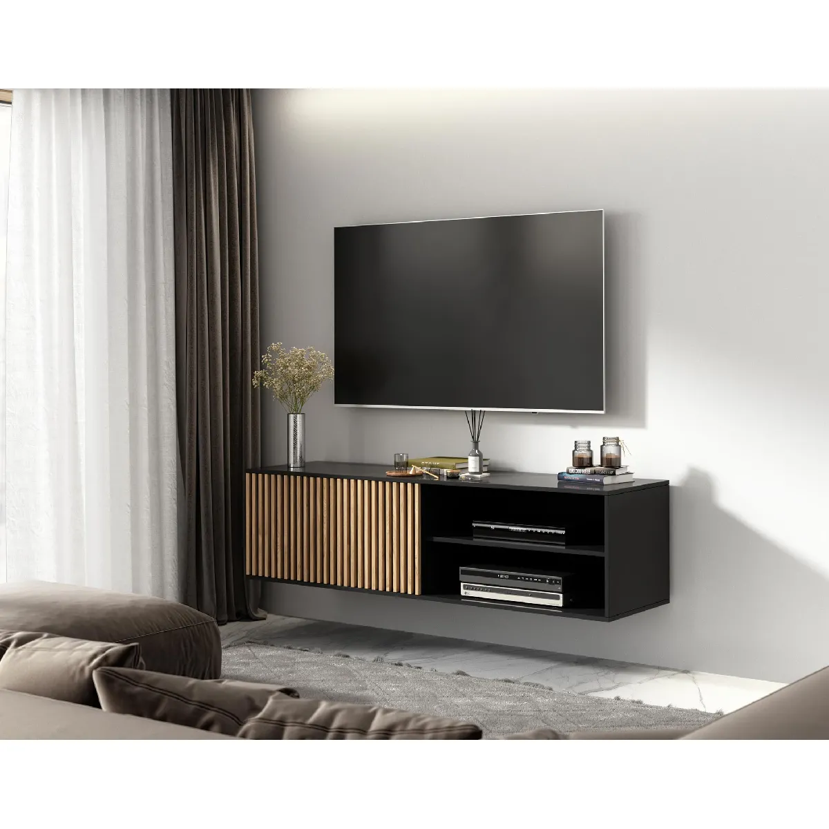 Savanna - meuble TV suspendu - bois et noir - 150 cm