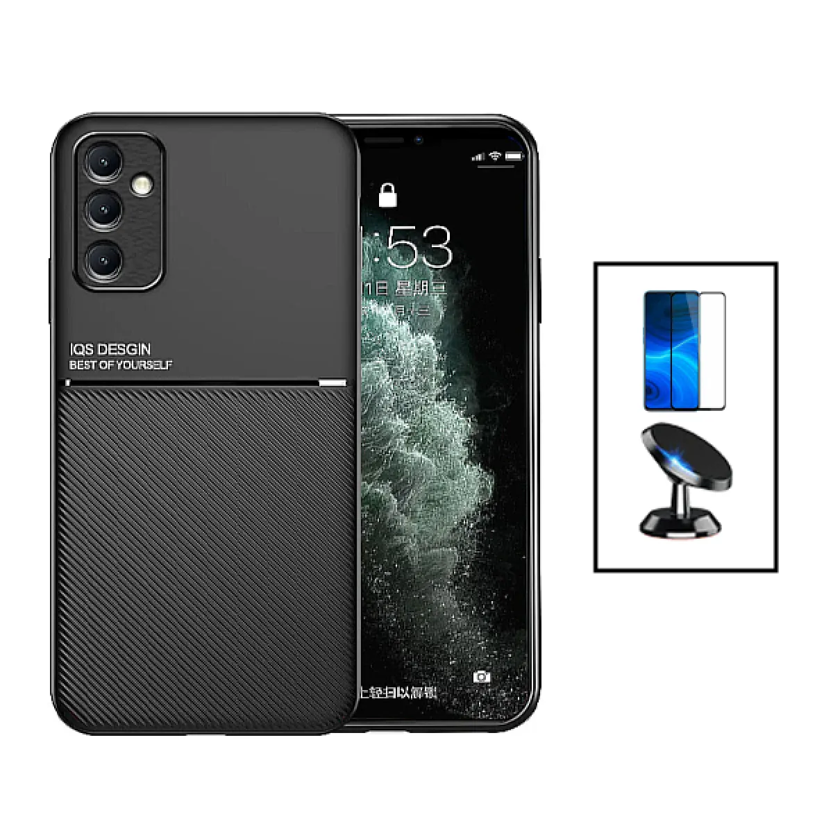 Kit Coque Magnetic Lux + 5D Full Cover + Support Magnétique de Voiture pour Samsung Galaxy A14 - Noir