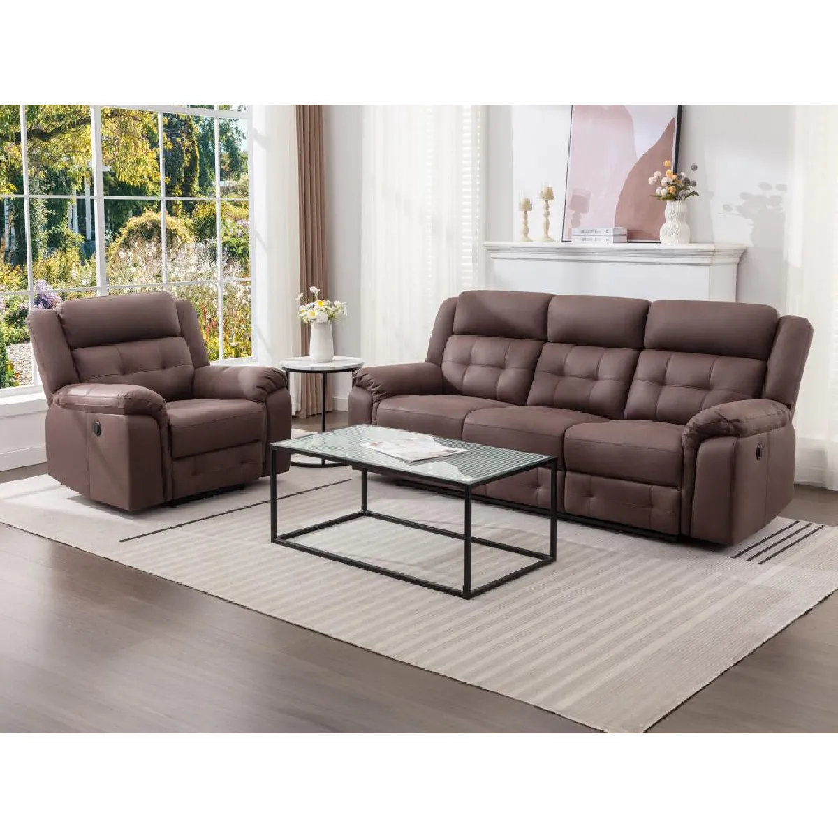 Canapé 3 places et fauteuil relax électrique en microfibre aspect cuir vieilli marron ORTIANO