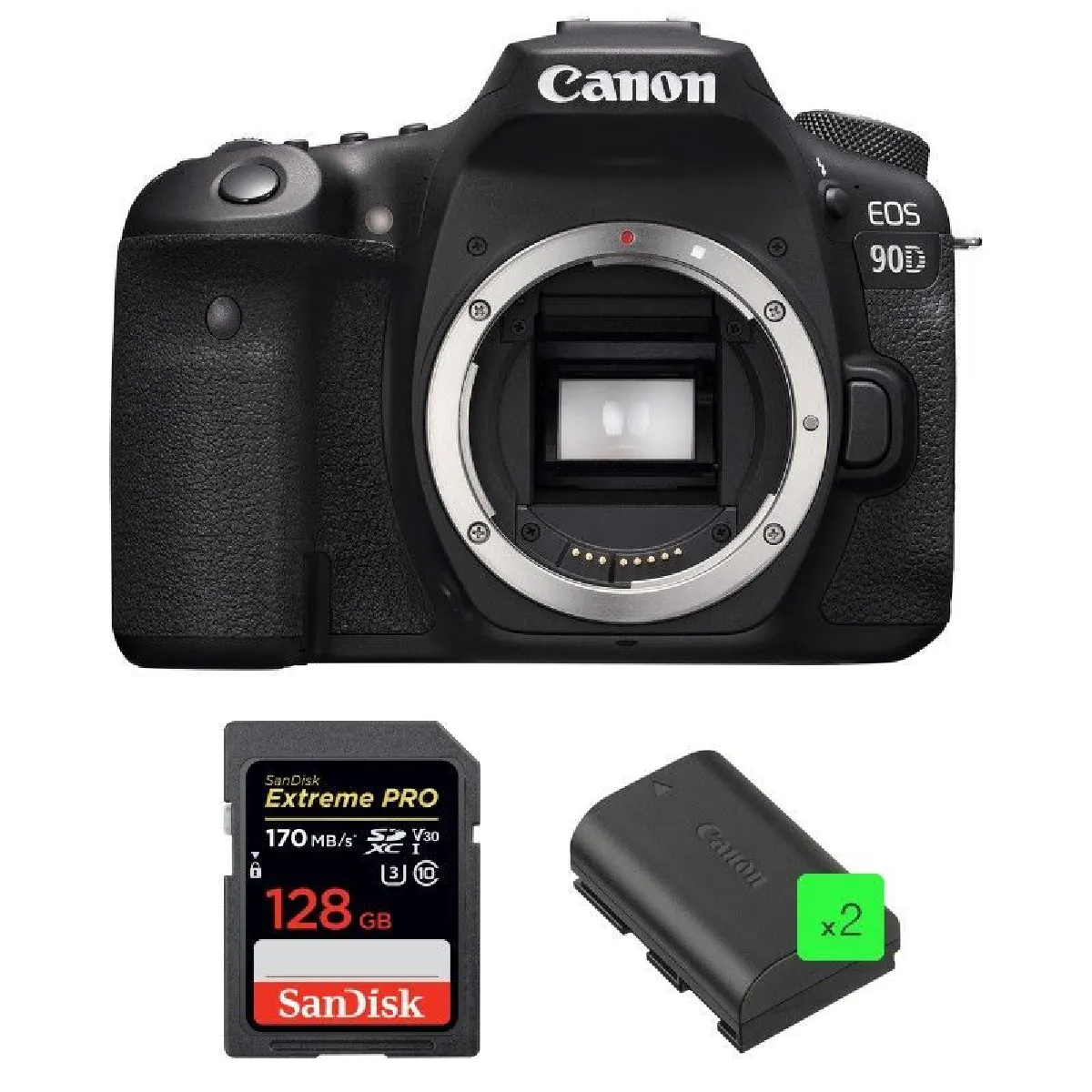 CANON EOS 90D Body + SANDISK Extreme Pro 128GB 170MB/s SDXC + CANON LP-E6N Battery * 2 pieces