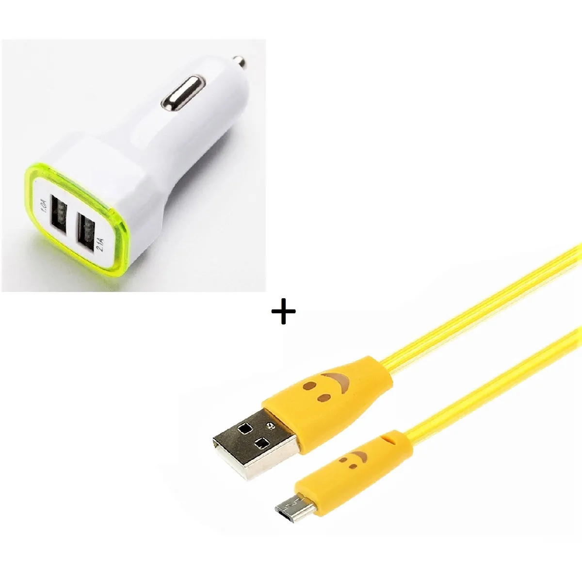 Pack Chargeur Voiture pour IPHONE 8 PLUS Lightning (Cable Smiley + Double Adaptateur LED Allume Cigare) APPLE (JAUNE)