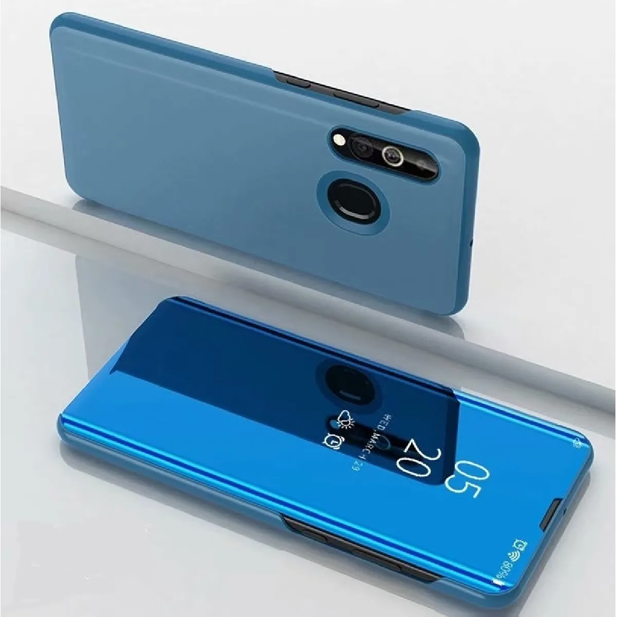 Coque Rigide Etui à rabat en cuir avec miroir de galvanisation pour Samsung A20 E support Bleu