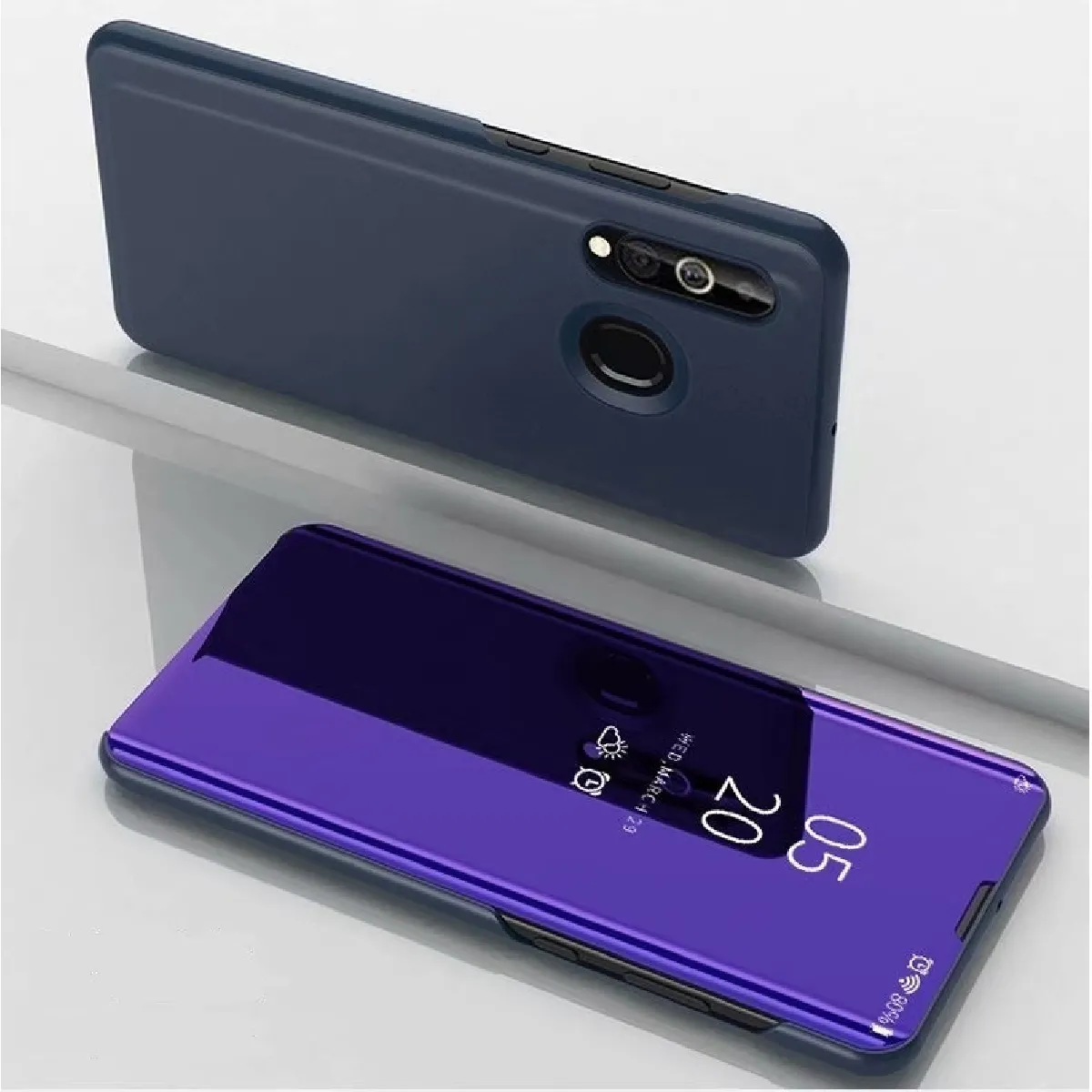 Coque Rigide Etui à rabat en cuir avec miroir de galvanisation pour Samsung A20 E support bleu violet