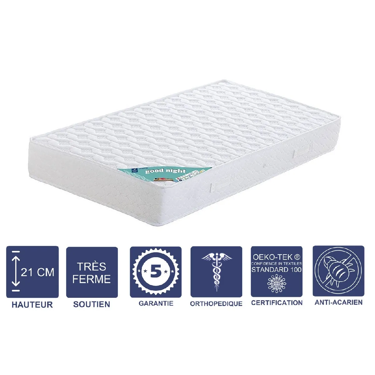 Matelas + Alèse 140x190 x 21 cm - Très Ferme - Aertech+ 35 Kg/m3 HR Dernière Génération - Très Respirant