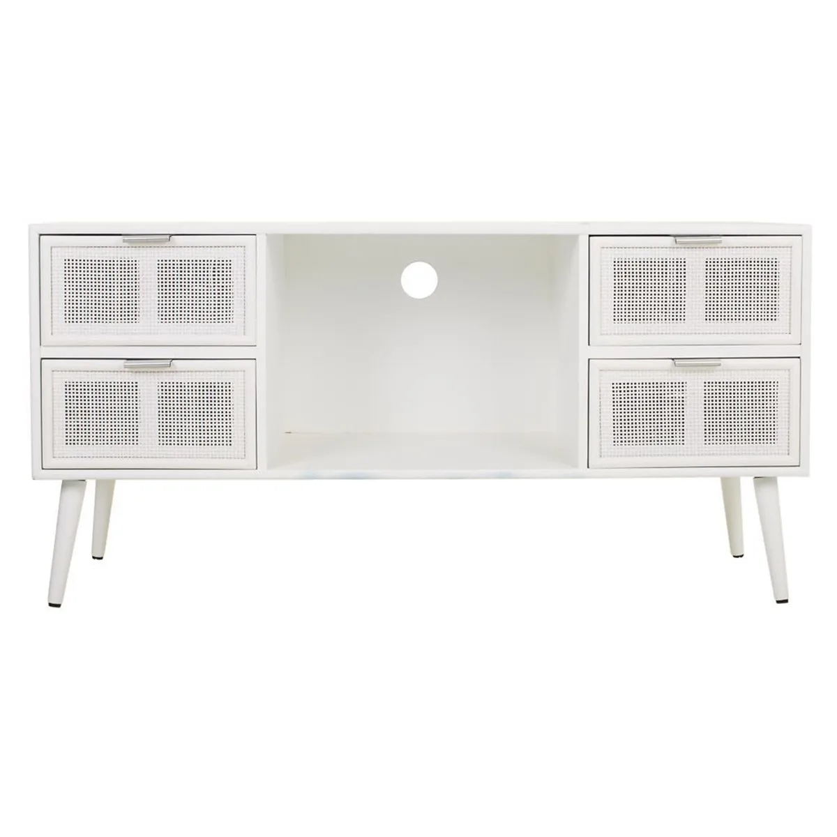 Meuble bas, meuble TV en bois et grille coloris blanc avec 4 tiroirs - Longueur 120 x Profondeur 42 x Hauteur 60 cm