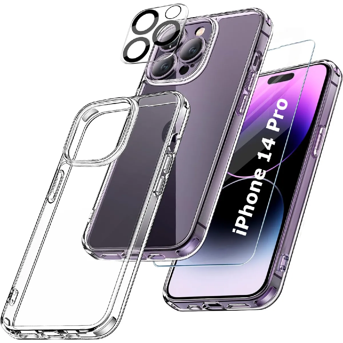 Coque Silicone Transparente + Verre Trempe et Protection Camera Arriere Pour iPhone 14 Pro Little Boutik®