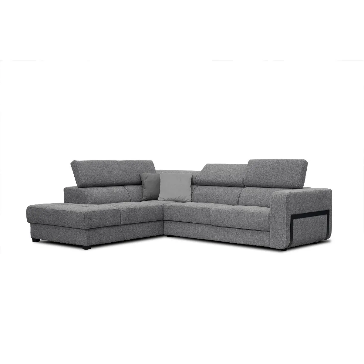 Canapé d'angle gauche Bergo 5 places en tissu gris avec coussins déco