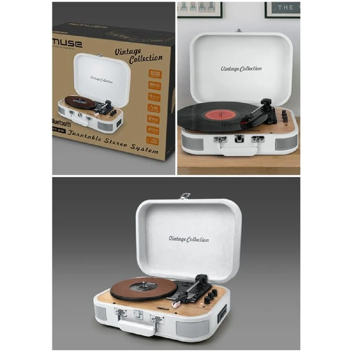 Platine Vinyle Vintage USB SD Bluetooth 33 45 78 Tours Stéréo RCA Bluetooth® 10W