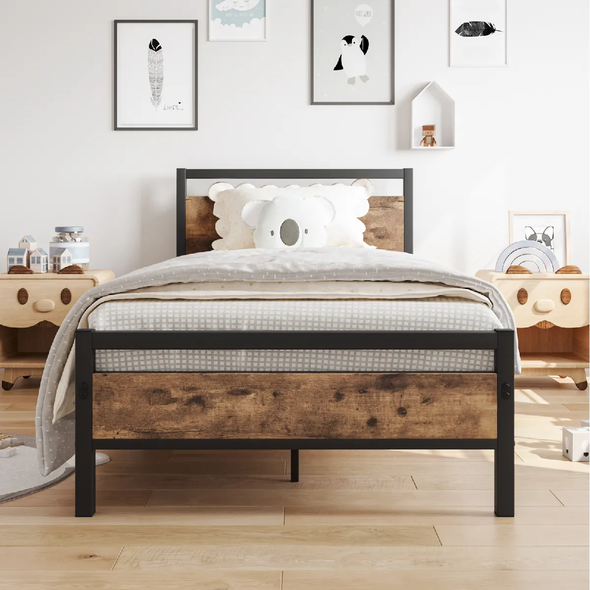 Cadre de lit en Acier lit Simple 89 x 206.5 x 91 cm Design Industriel - tête de lit, Pied de lit et sommier - Compatible Matelas 90 x 200 cm - Aspect Bois avec veinage