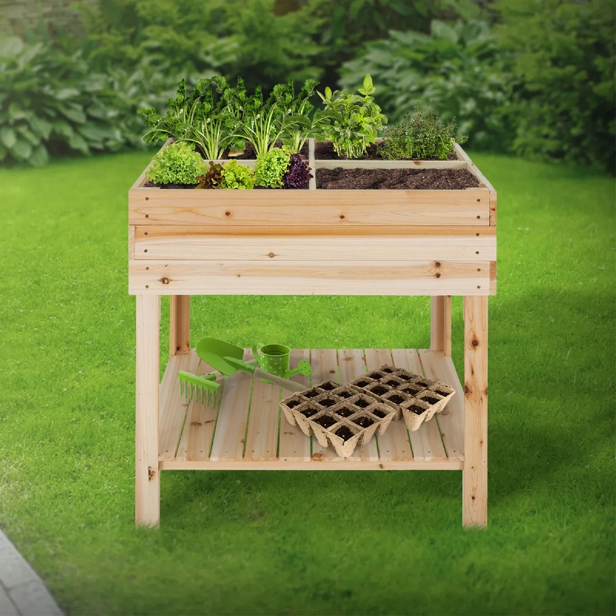 ECD Germany Jardinière sur Pied avec Etagère de Rangement, 80x60x80cm, Bois d'Épicéa, Bac Potager Surélevée, Résistant aux Intempéries, 4 Bacs à Plantes Herbes Aromatiques Légumes, pour Jardin Balcon