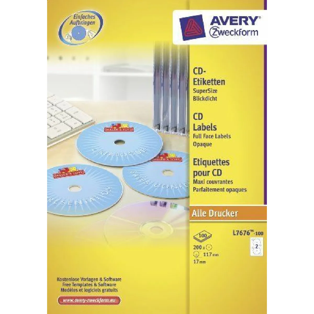 Avery Zweckform L7676-100 Paquet de 100 feuilles d'étiquettes à CD SuperSize opaques Ø 117mm (Import Allemagne)