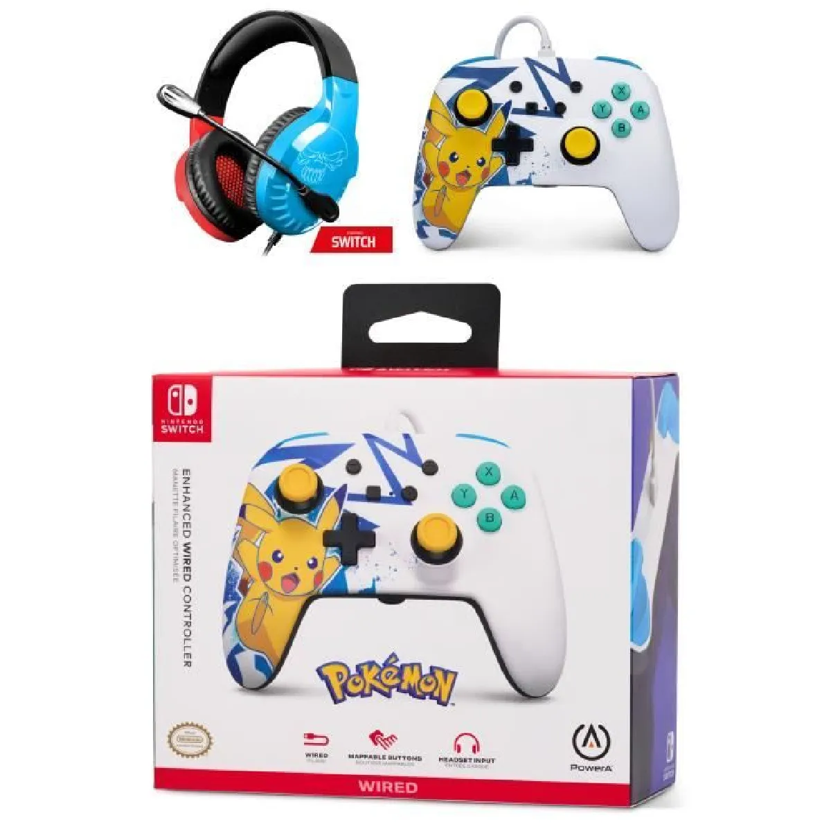 Manette SWITCH Filaire Nintendo Pikachu High Voltage Officielle + Casque Gamer PRO H3 Rouge BLEU SPIRIT OF GAMER