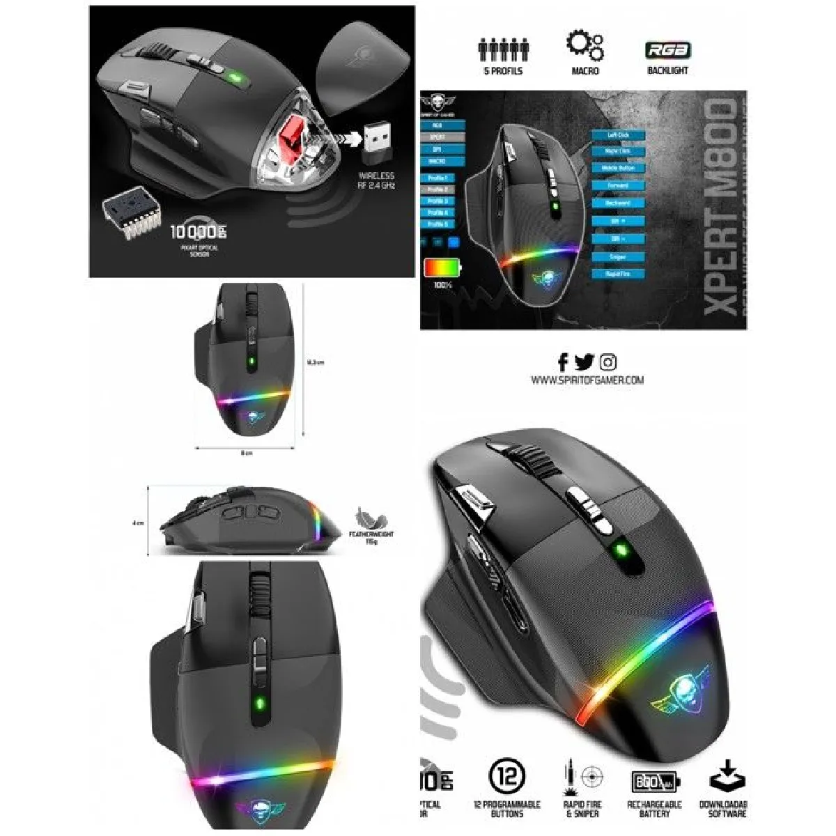 Souris PC Gamer Sans fil 2.4ghz 1000DPI M800 9 boutons rechargeable PixArt – Optique 20 heures avec RGB