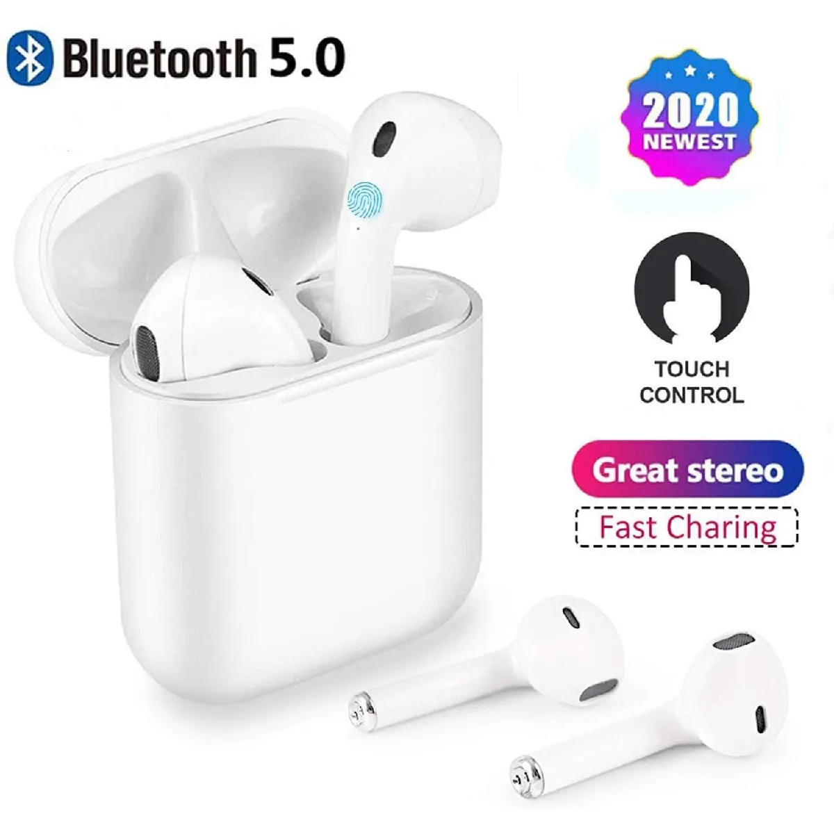 Casque Bluetooth 5.0, Mini-écouteurs sans Fil avec 3D stéréo, Microphone intégré, IPX7 étanche, Poids léger et Confort, Temps de Jeu 24 Heures, pour Tous Les smartphonesApple/Airpods/iPhone - Blanc