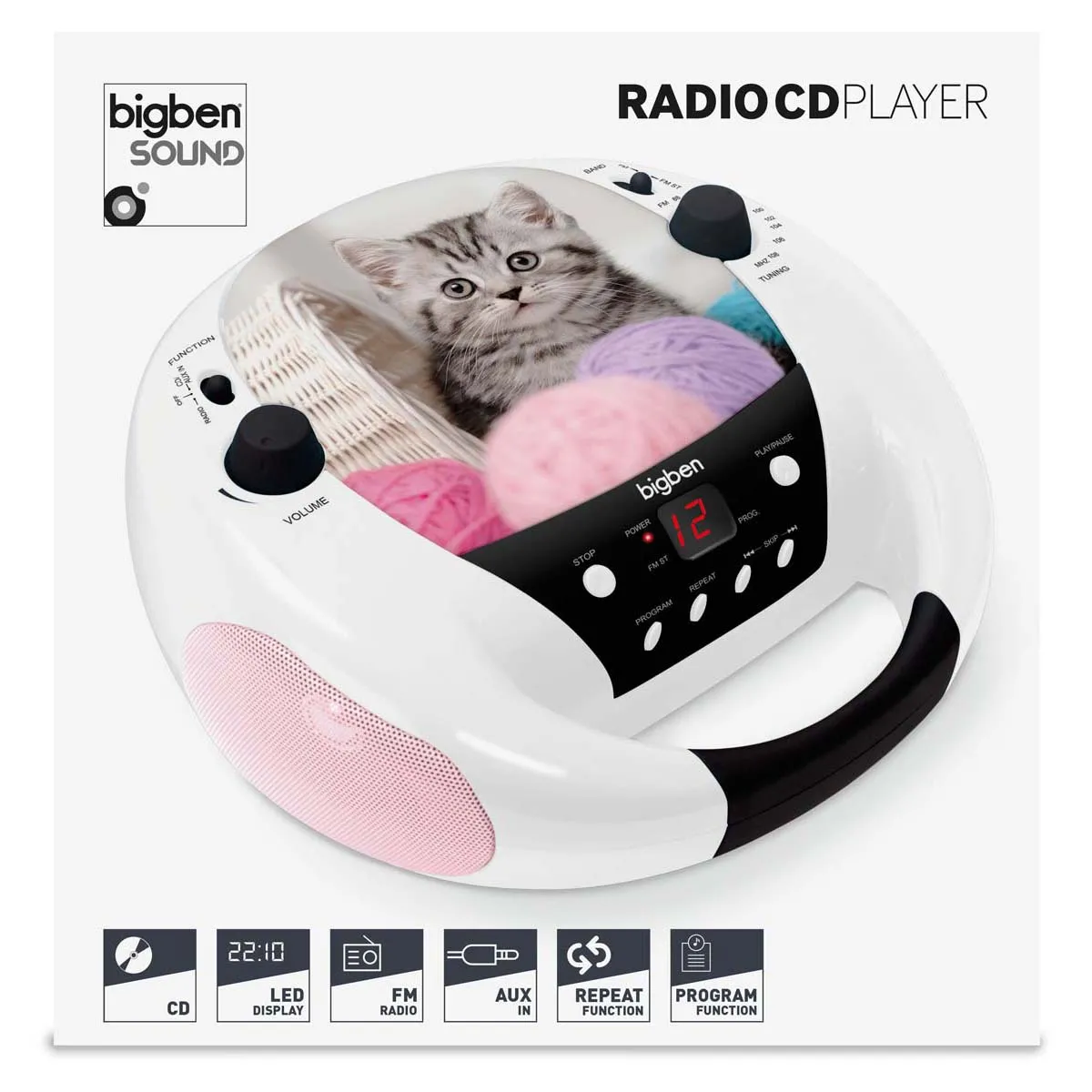 Big Ben Interactive - Lecteur CD Radio Portable MP3 blanc motif chat et pelotes