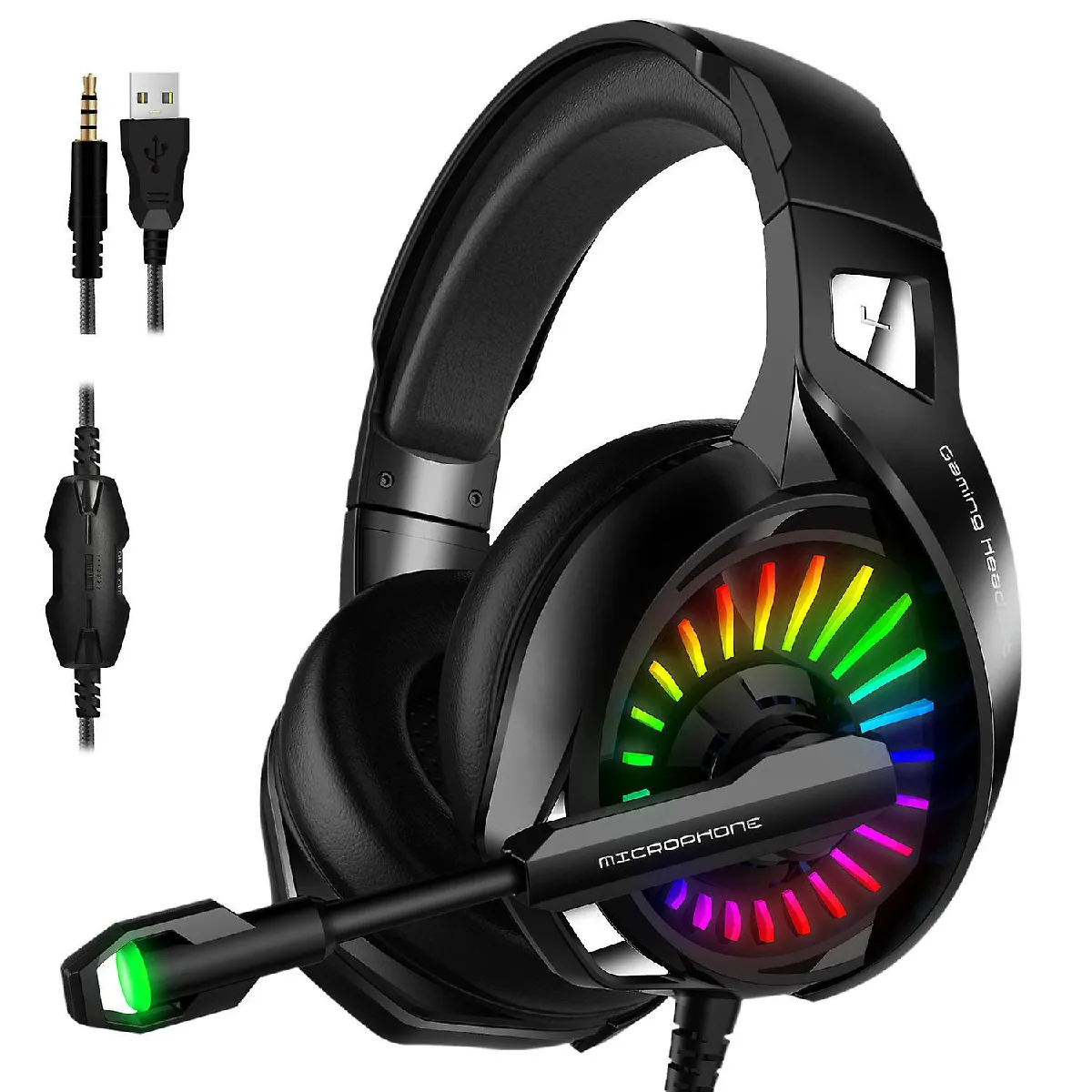 Casque de jeu avec microphone, compatible PS4, PS5, Xbox, PC portable, casque sur-oreille avec lumière LED RGB, microphone sans bruit, son surround stéréo 7.1 (noir)