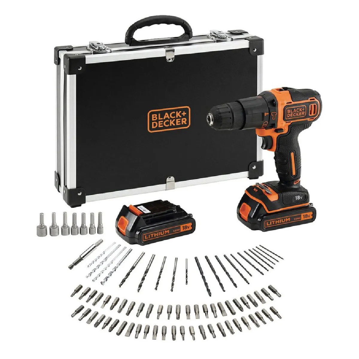 Black & Decker BDCHD18BAFC Perceuse-visseuse à percussion sans fil 18V, 40 Nm + Set d'accessoires - 80 pcs. + 2x Batteries 1,5 Ah + Chargeur + Coffret