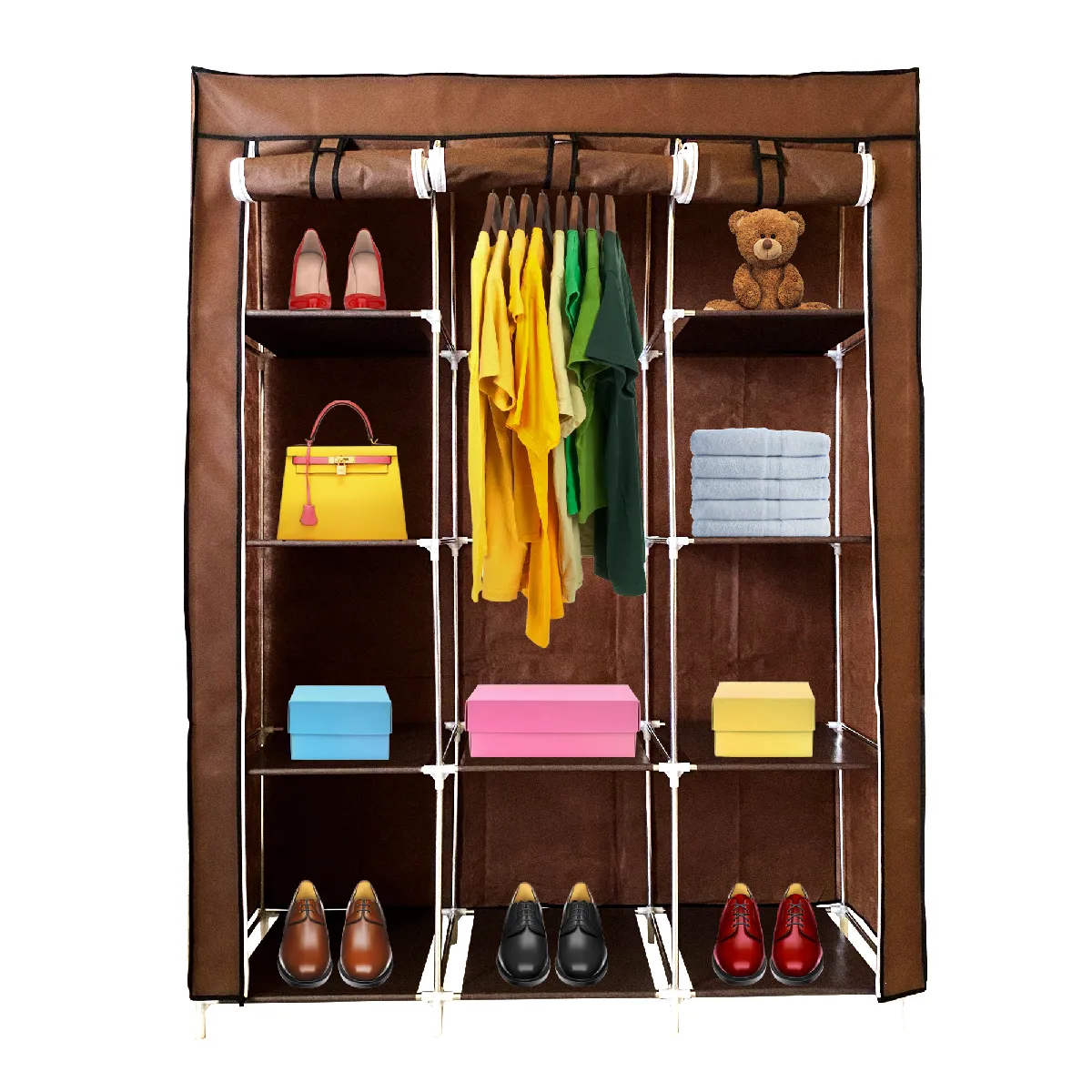 Armoire Dressing en Tissu Avec Portes Zippées Nyana Home Mesures 170x130x45 cm Marron