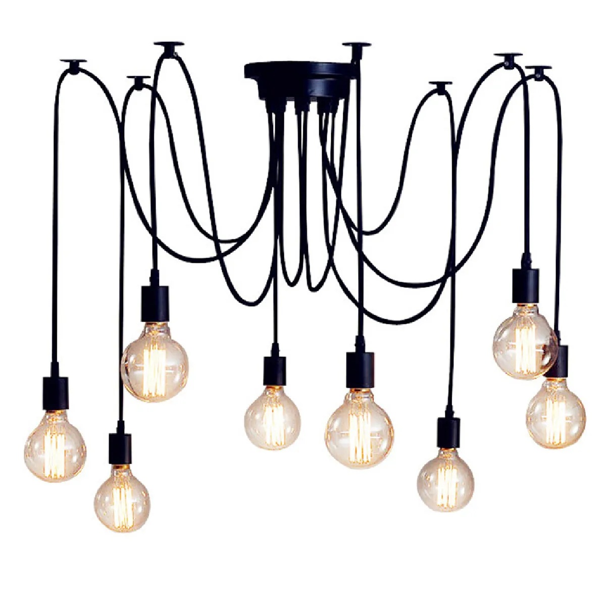 Lustre Suspension Araignee E27 Douille Rétro Industriel abat-jour Noir, DIY Ajustable Longueur avec 2.0m Fil, 8 bras (Non ampoule)