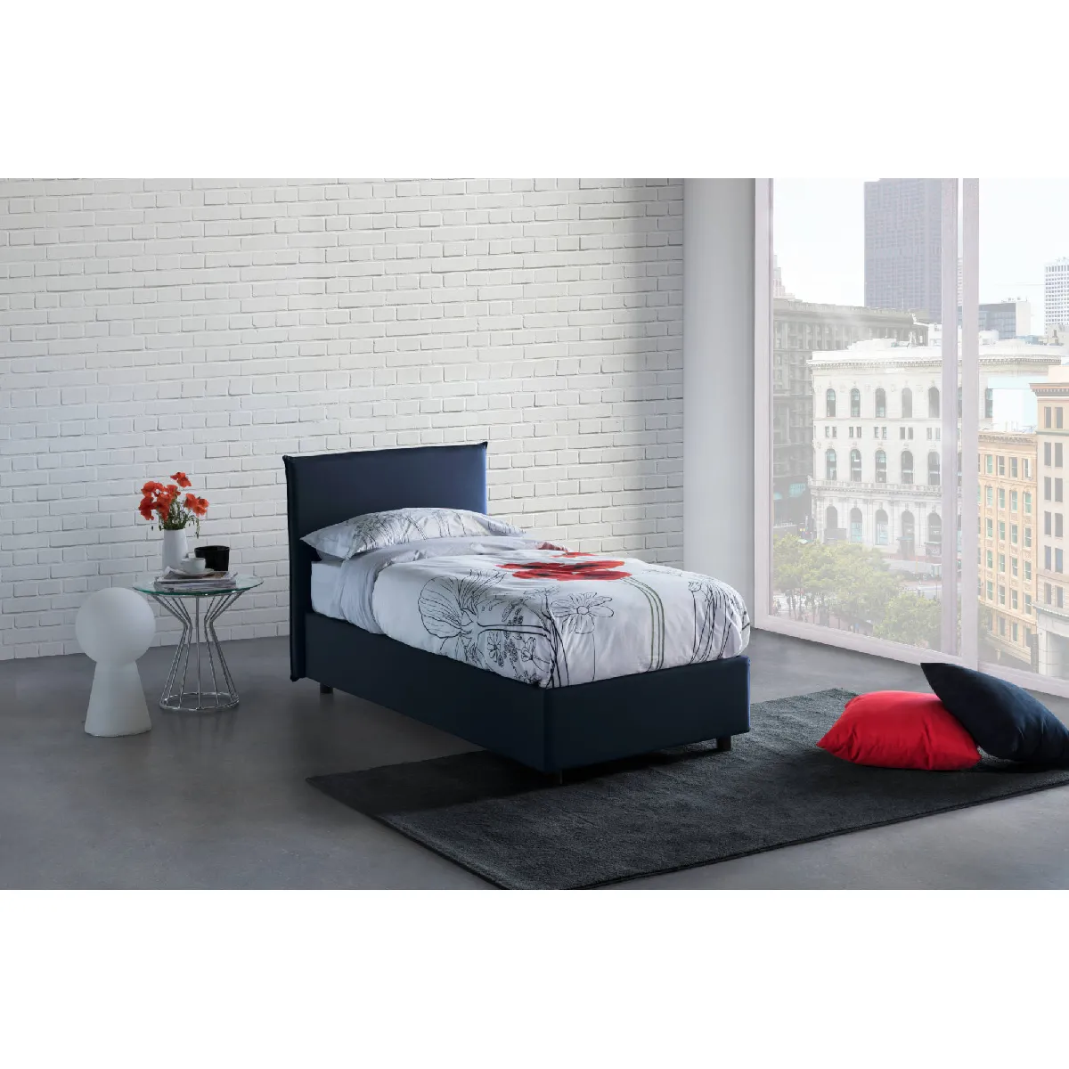 Talamo Italia Lit rangement pour une et demie Anna, Fabriqué en Italie, Lit avec revêtement en tissu, Ouverture frontale, convient pour matelas 120x200 cm, Bleu