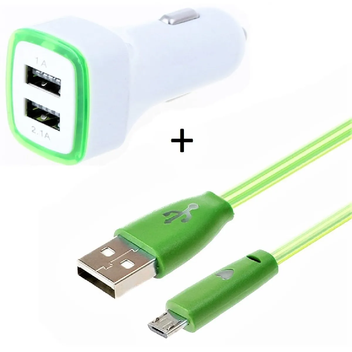 Pack Chargeur Voiture pour IPHONE 8 PLUS Lightning (Cable Smiley + Double Adaptateur LED Allume Cigare) APPLE (VERT)